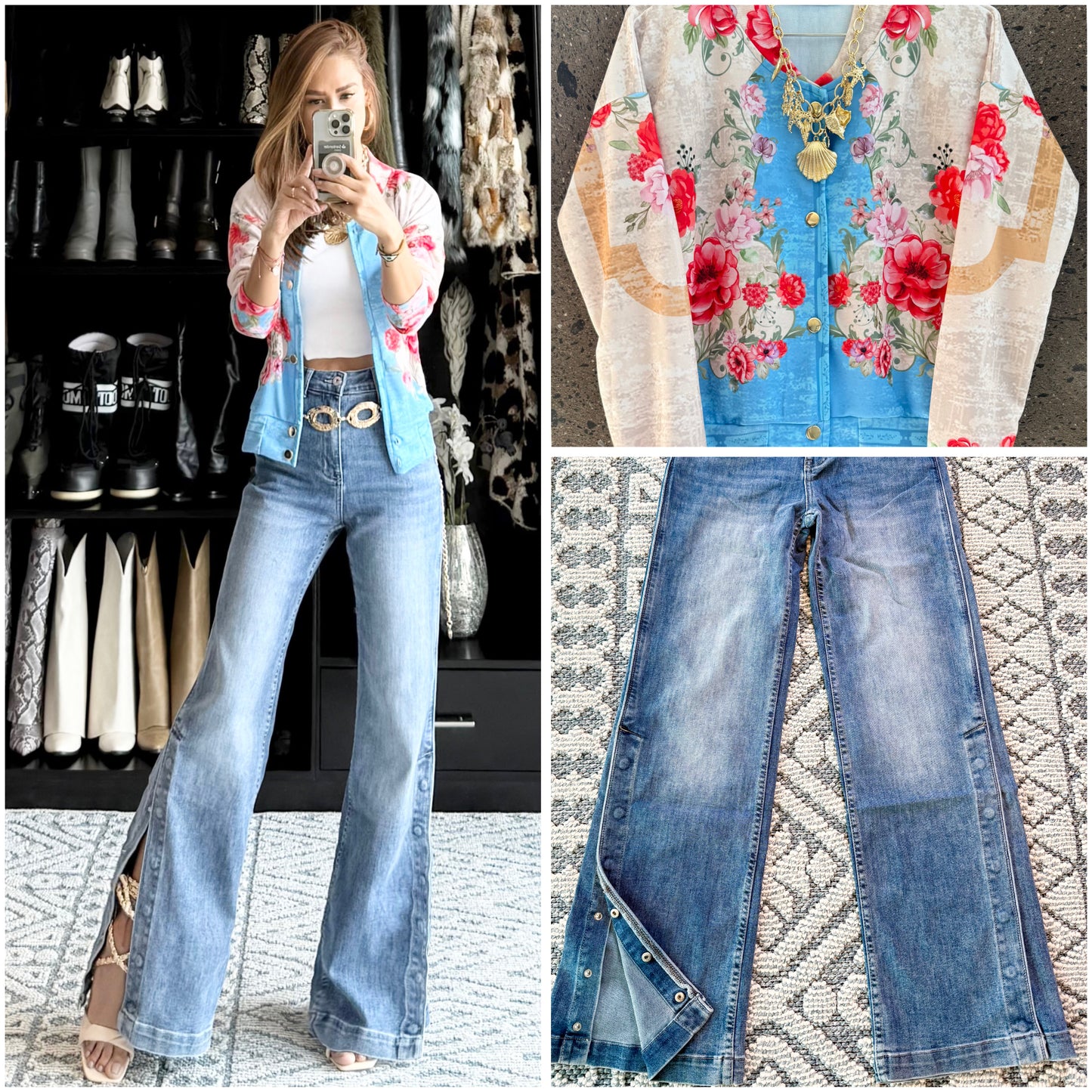 Bomber jacket flores azul con lentejuela