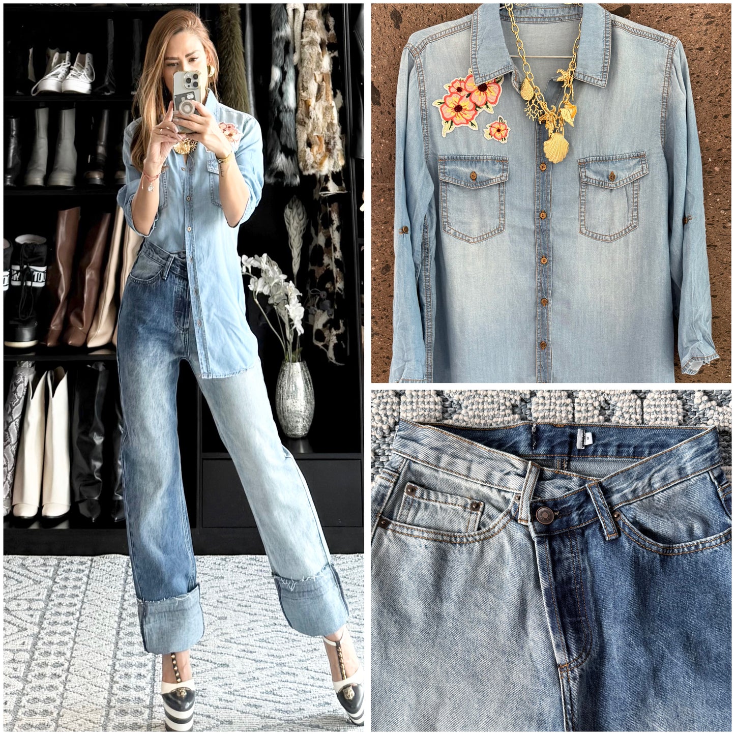 Jeans pretina cruzada bicolor no stretch