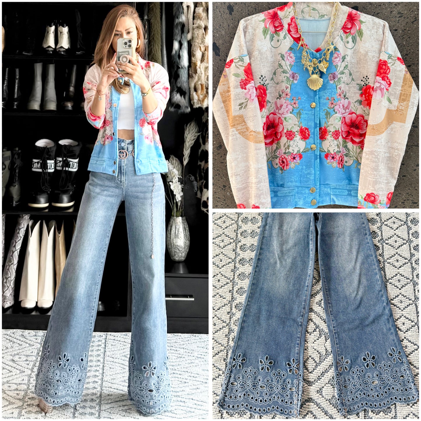 Bomber jacket flores azul con lentejuela