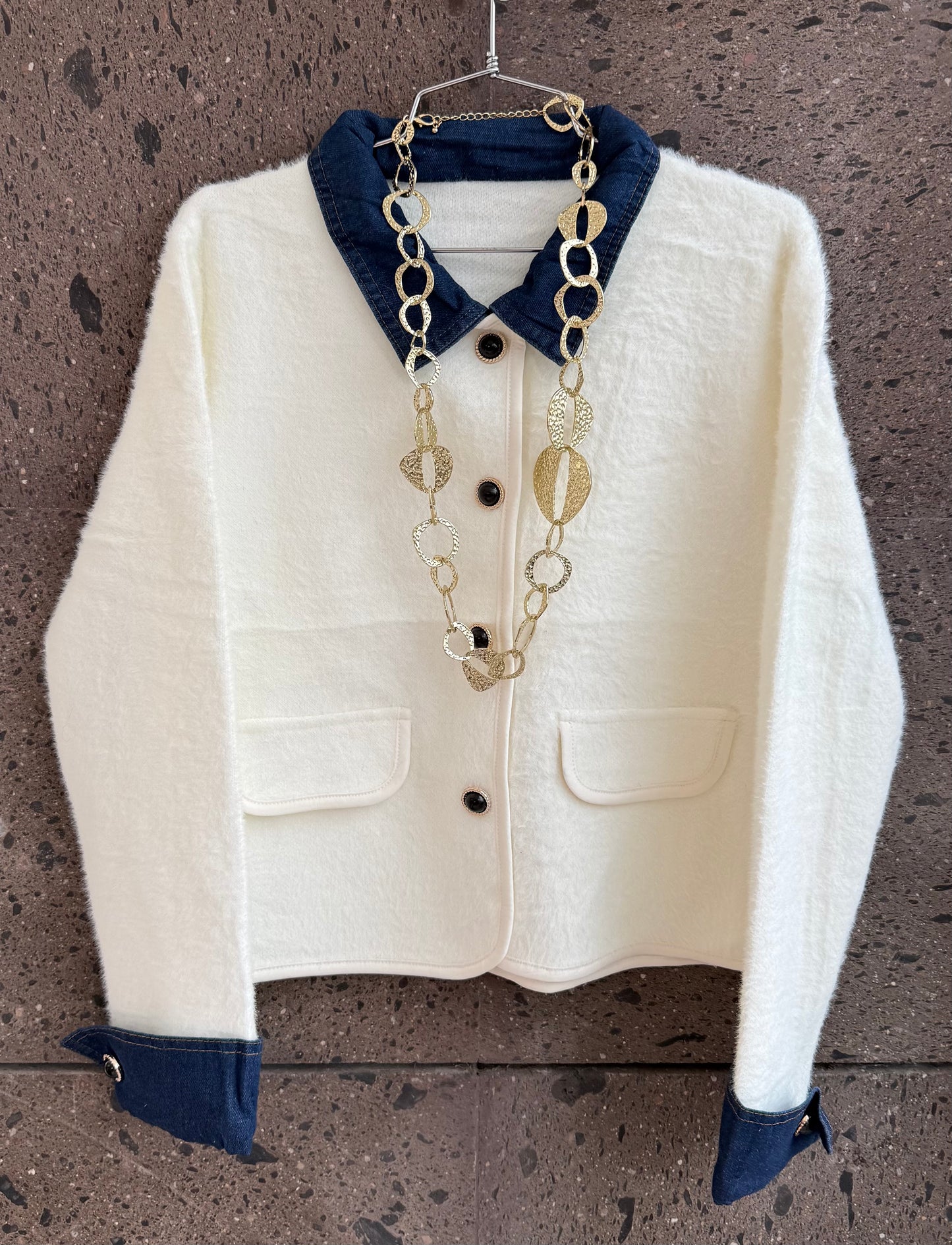 Saco sweter cuello Denim perla