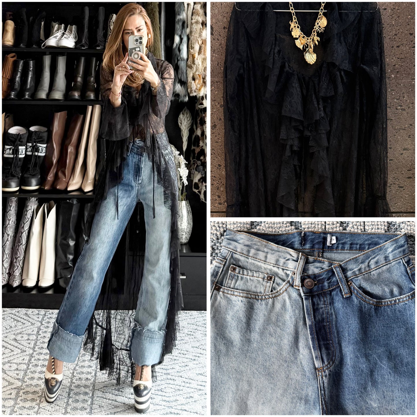 Jeans pretina cruzada bicolor no stretch
