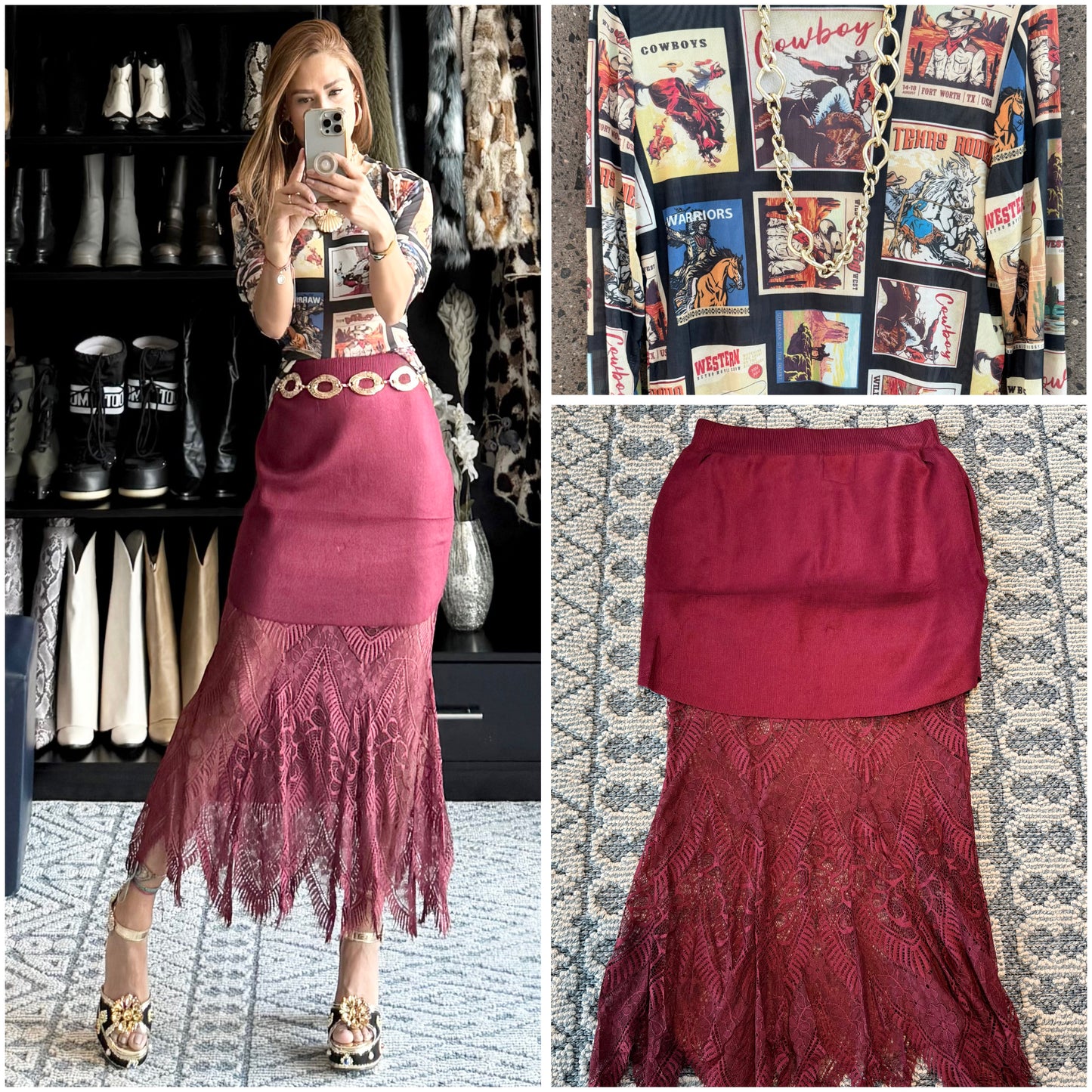 Falda encaje y tejido burgundy