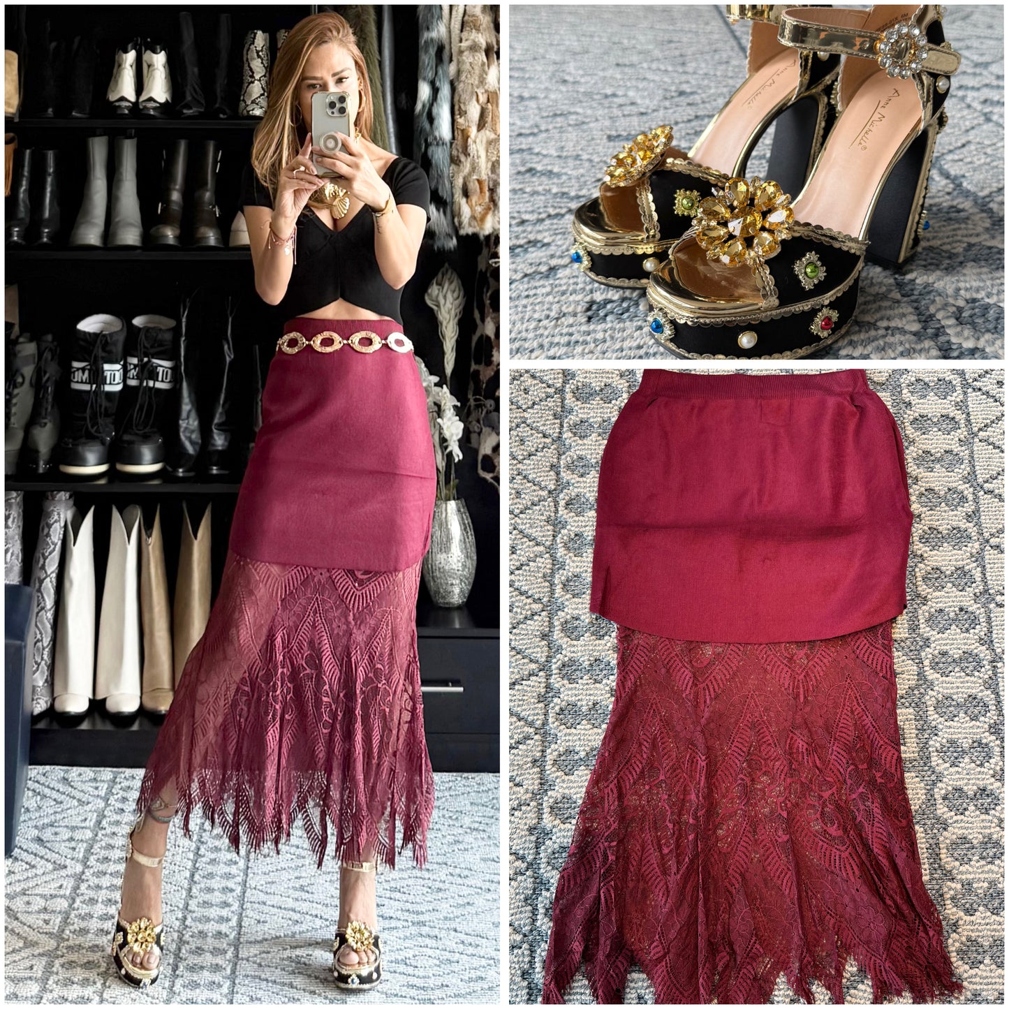 Falda encaje y tejido burgundy