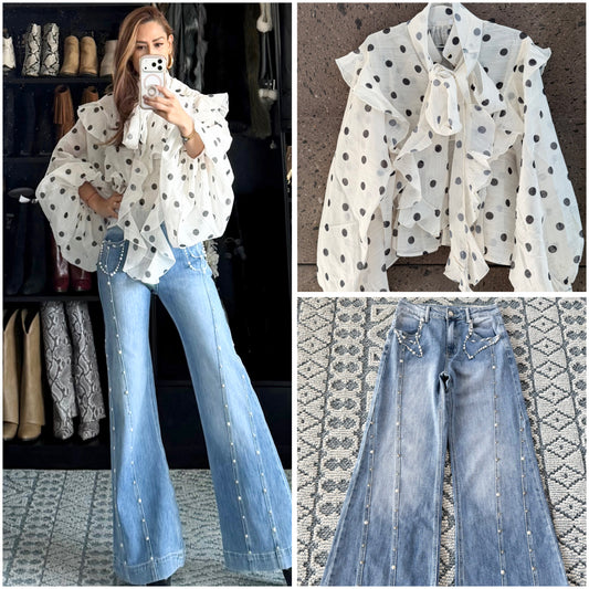 Jeans stretch perlas y estoperol costura wide