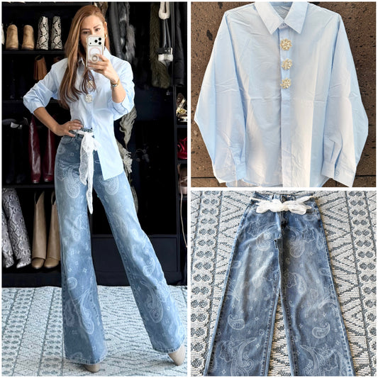 Camisa broches brillantes baby Blue