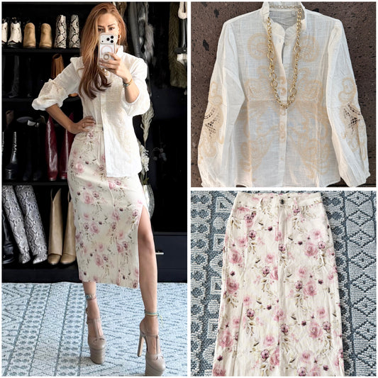 Falda stretch Denim flores rosas