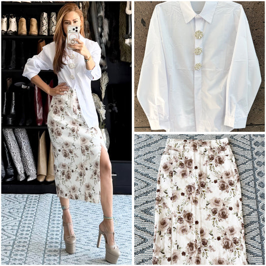 Falda stetch Denim flores blanca