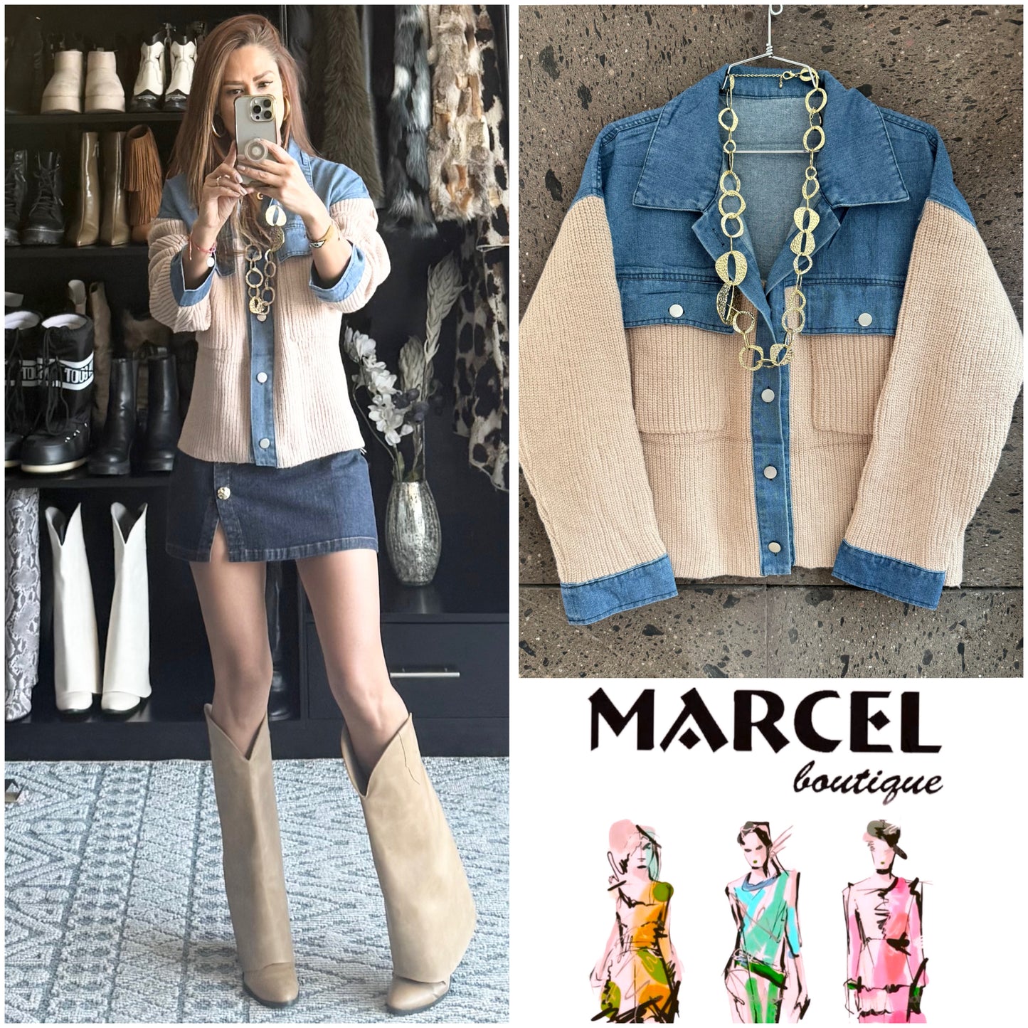 Sweter chamarra solapa Denim capuchino