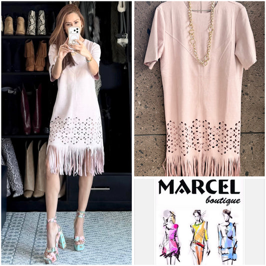 A Vestido ante fringe taupe
