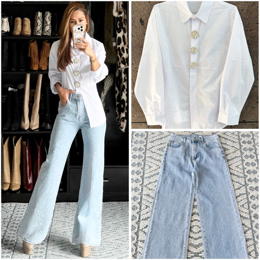 Camisa broches brillantes perla