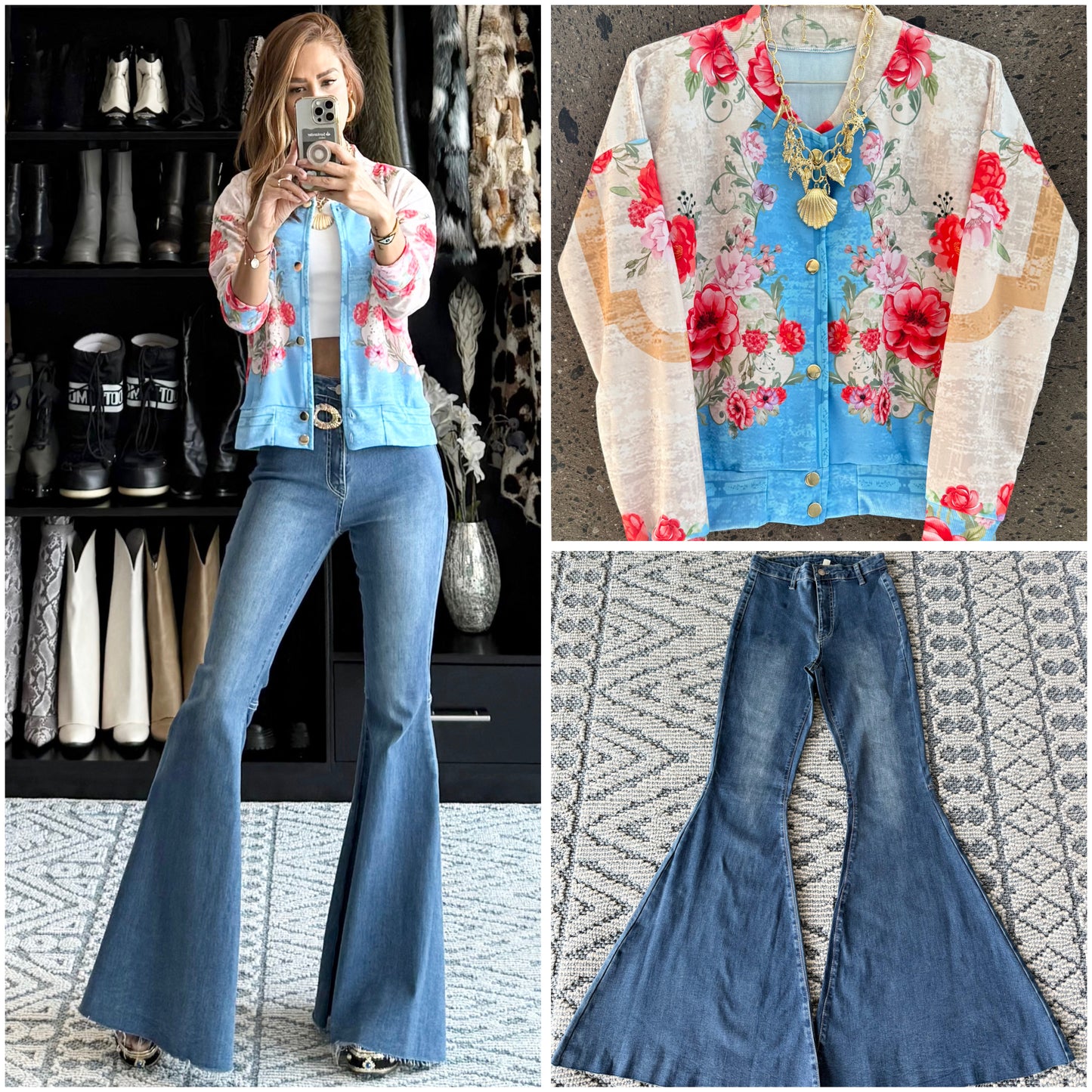 Bomber jacket flores azul con lentejuela