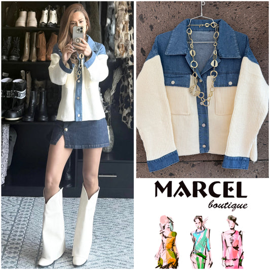 Sweter chamarra solapa Denim perla