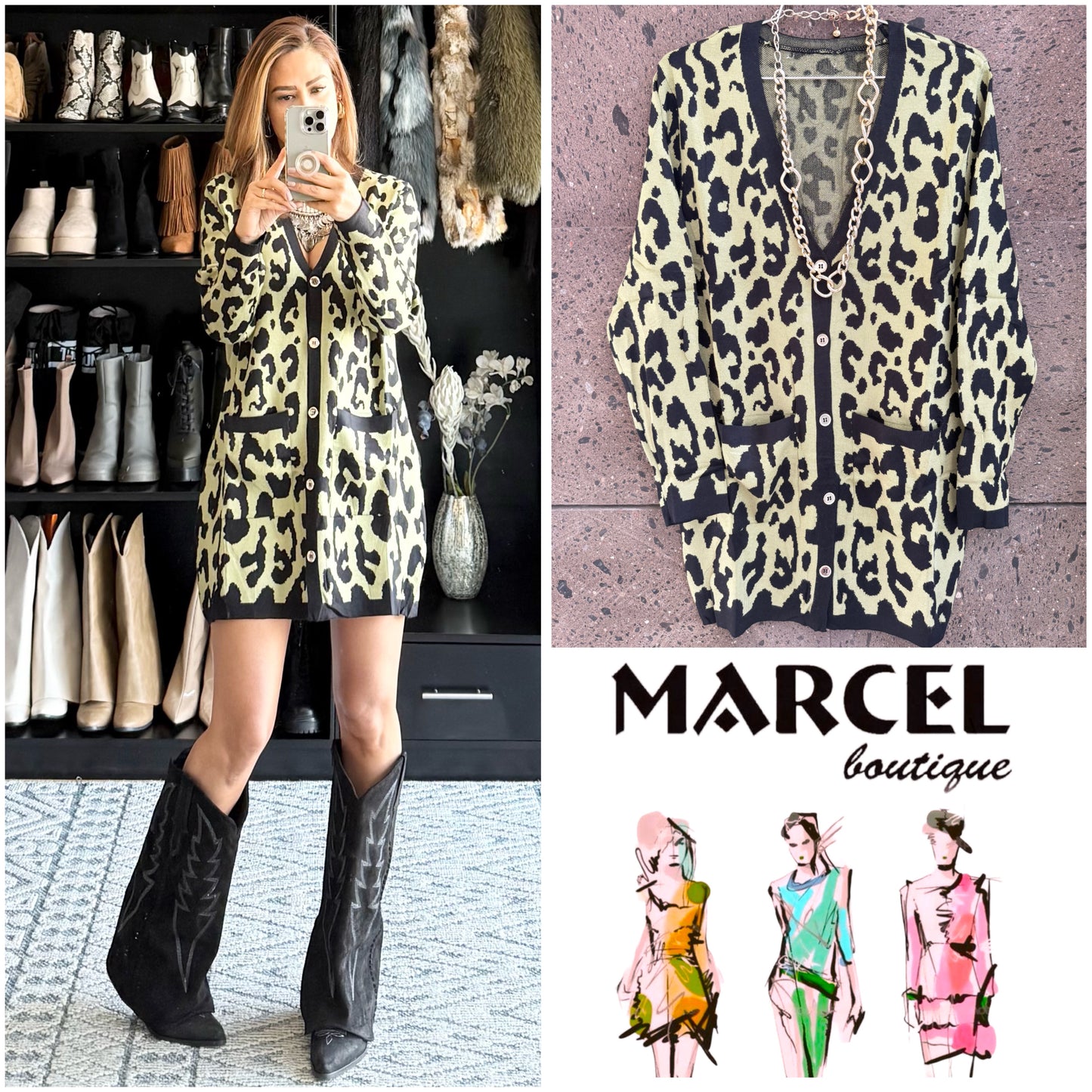 Sweter largo leopardo olivo