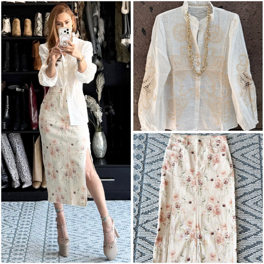 Falda stretch Denim flores terracota
