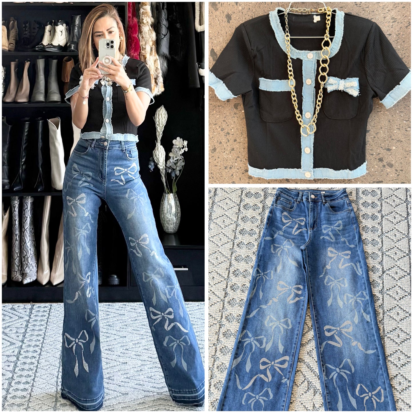 Jeans moños brillos