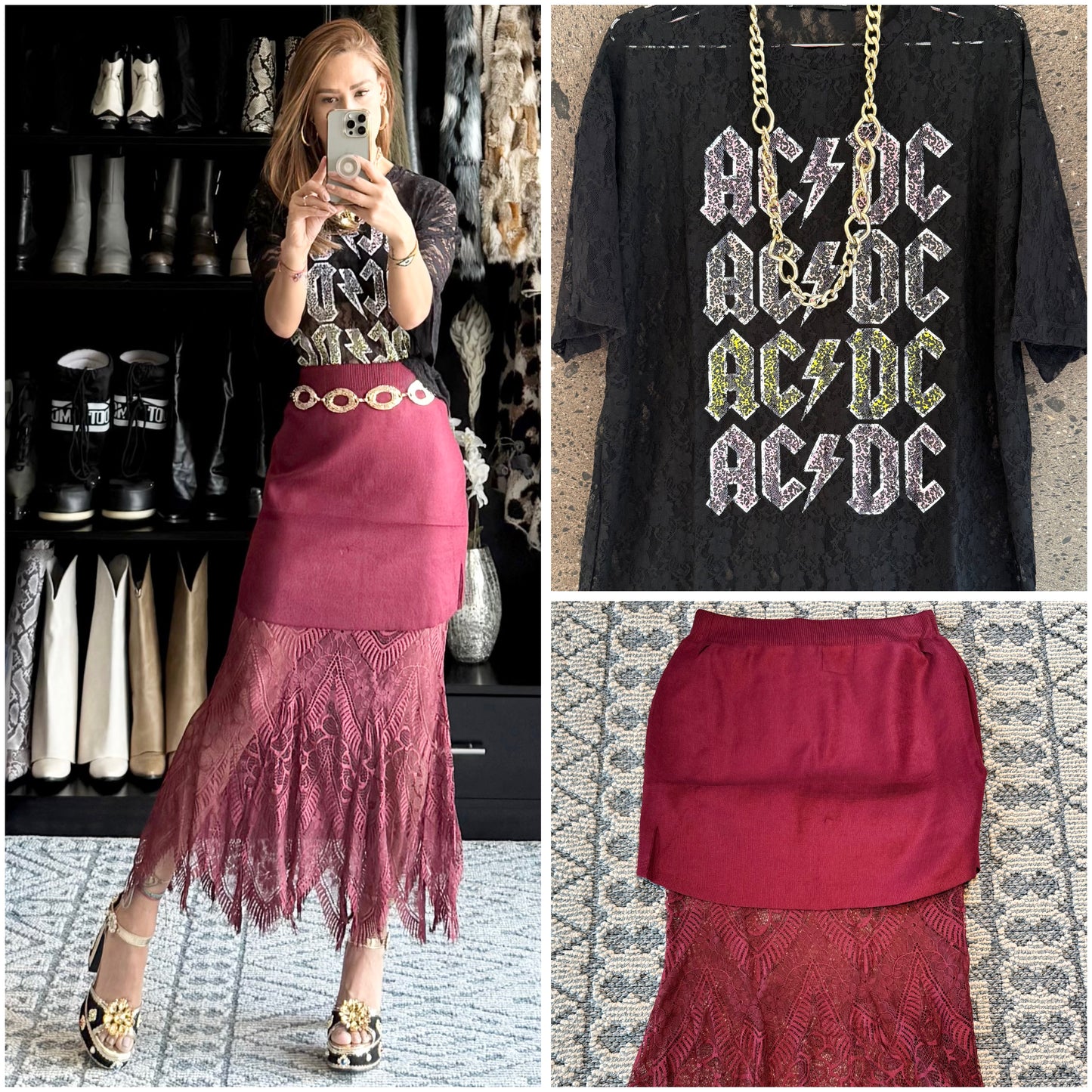 Falda encaje y tejido burgundy