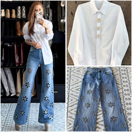 Camisa broches brillantes perla