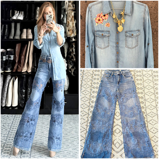 Camisa Denim flores rojas