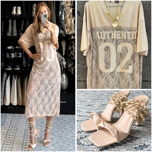 B vestido encaje beige