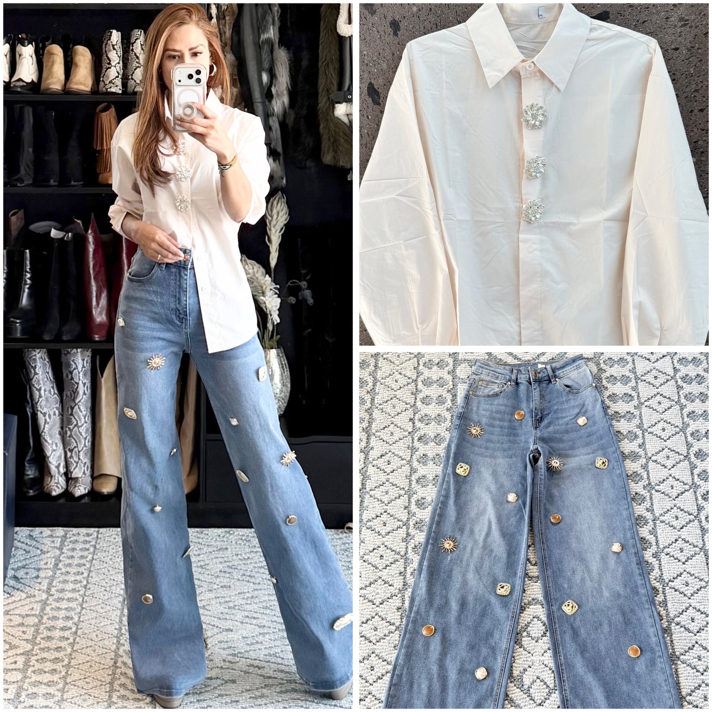Camisa broches brillantes hueso