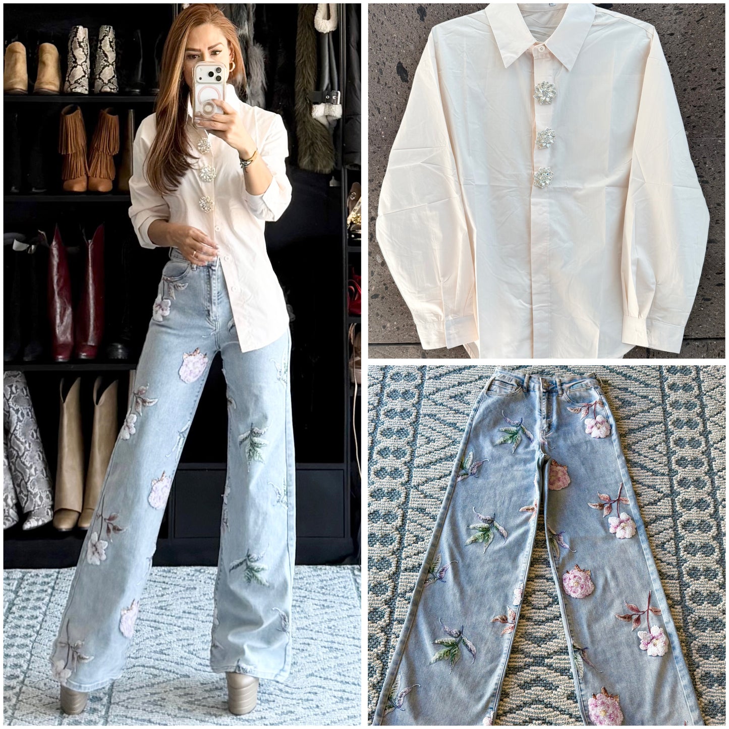 Camisa broches brillantes hueso