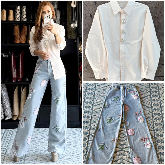Camisa broches brillantes hueso