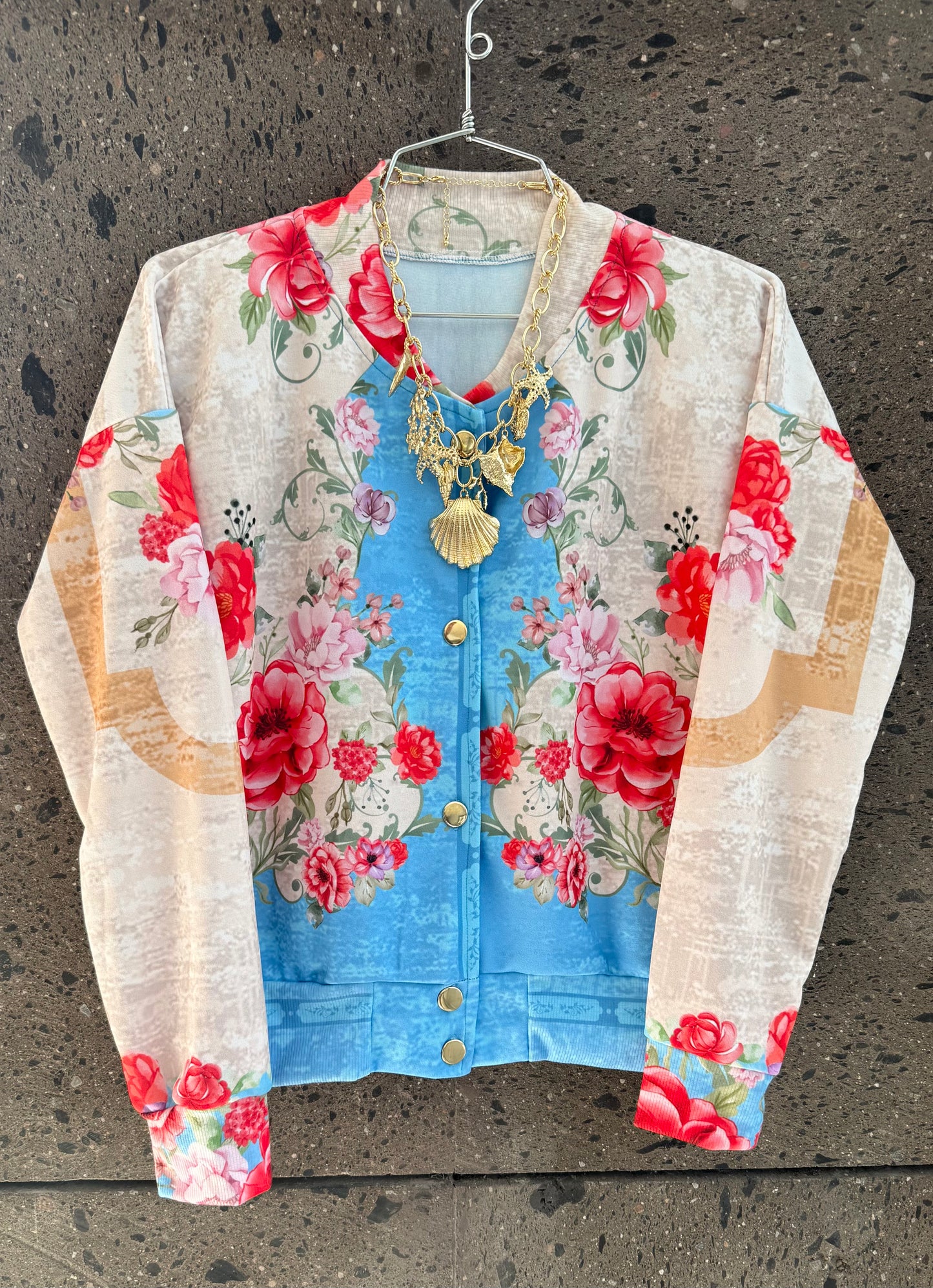 Bomber jacket flores azul con lentejuela