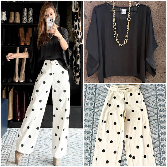 Jeans stretch ballon polka con cinturón beige