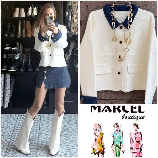 Saco sweter cuello Denim perla