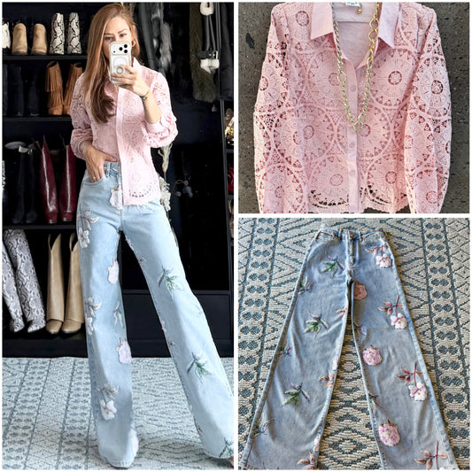 Jeans stretch flores en lentejuelas