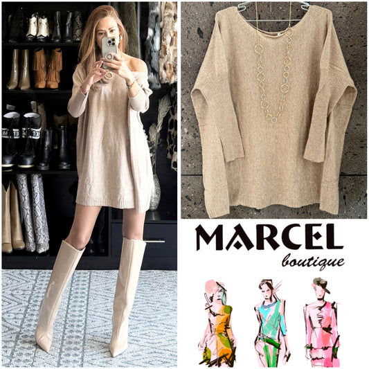 Sweter hombro caído largo beige