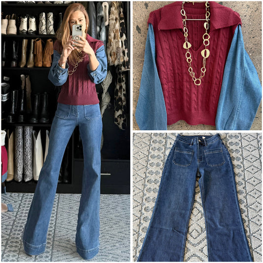 Sweter cuello manga Denim vino