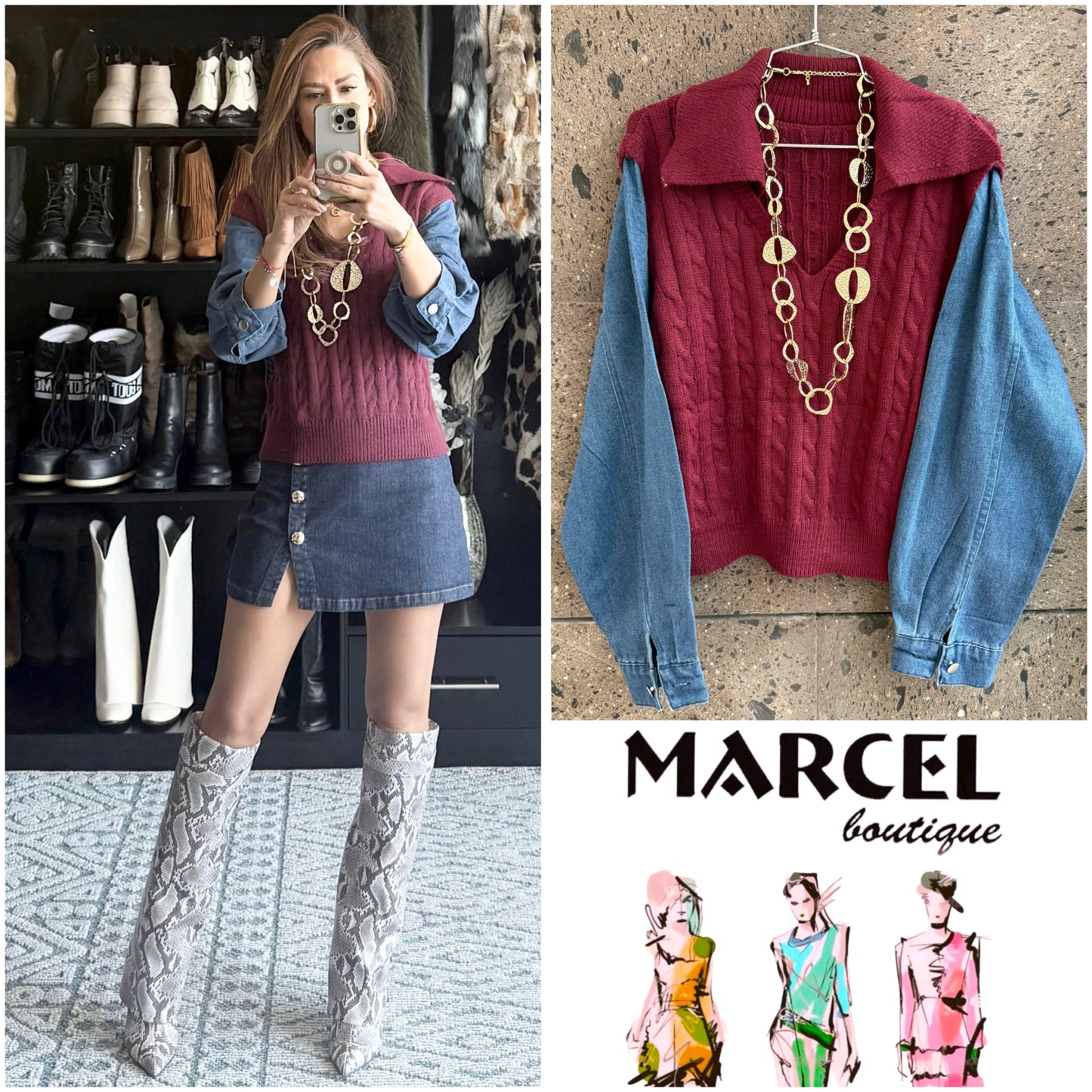 Sweter cuello manga Denim vino
